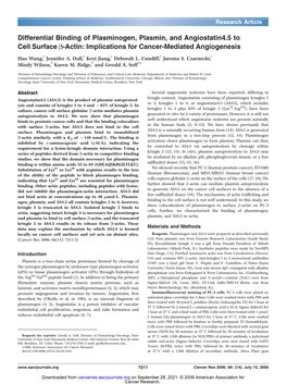 Differential Binding of Plasminogen, Plasmin, and Angiostatin4.5 to Cell Surface B-Actin: Implications for Cancer-Mediated Angiogenesis