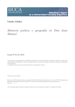 Memoria Poética Y Geografía En Don Juan Manuel