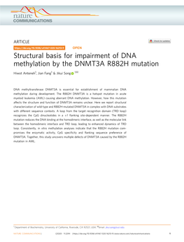 Structural Basis for Impairment of DNA Methylation by the DNMT3A R882H Mutation ✉ Hiwot Anteneh1, Jian Fang1 & Jikui Song 1