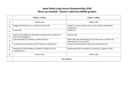 Swim Wales Long Course Championships 2018 Warm up Schedule - Session 1 (All Lanes MIXED Gender)