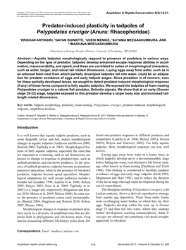 Predator-Induced Plasticity in Tadpoles of Polypedates Cruciger (Anura: Rhacophoridae)