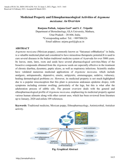 Medicinal Property and Ethnopharmacological Activities of Argemone Mexicana: an Overview