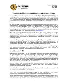 Candente Gold Announces Lima Stock Exchange Listing