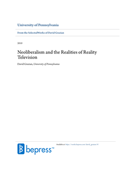 Neoliberalism and the Realities of Reality Television David Grazian, University of Pennsylvania