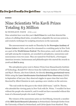 Nine Scientists Win Kavli Prizes Totaling $3 Million