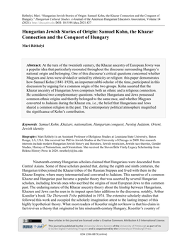 Hungarian Jewish Stories of Origin: Samuel Kohn, the Khazar Connection and the Conquest of Hungary.” Hungarian Cultural Studies