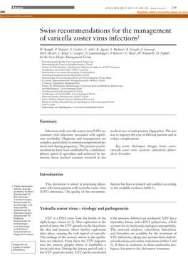 Swiss Recommendations for the Management of Varicella Zoster Virus Infections1