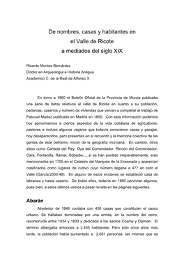 De Nombres, Casas Y Habitantes En El Valle De Ricote a Mediados Del Siglo XIX