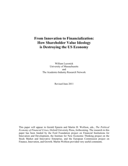 From Innovation to Financialization: How Shareholder Value Ideology Is Destroying the US Economy