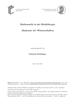 Mathematik in Der Heidelberger Akademie Der Wissenschaften
