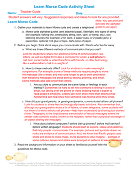 Learn Morse Code Activity Sheet Teacher Guide Name: ______Date: ______Student Answers Will Vary