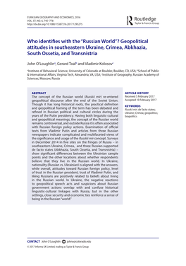 “Russian World”? Geopolitical Attitudes in Southeastern Ukraine, Crimea, Abkhazia, South Ossetia, and Transnistria