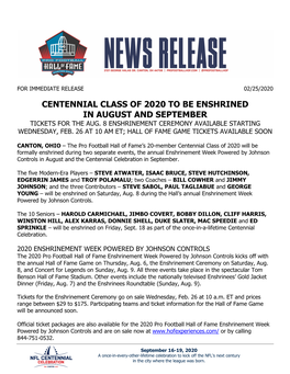 Centennial Class of 2020 to Be Enshrined in August and September Tickets for the Aug