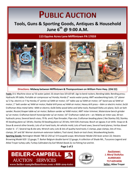 Tools, Guns & Sporting Goods, Antiques & Household June 6 @ 9