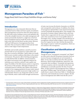 Monogenean Parasites of Fish 1 Peggy Reed, Ruth Francis-Floyd, Ruthellen Klinger, and Denise Petty2