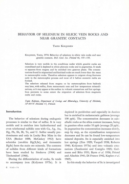 Behavior of Selenium in Silicic Vein Rocks and Near Granitic Contacts