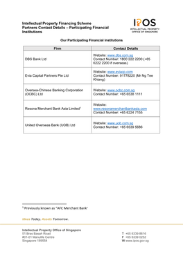 Intellectual Property Financing Scheme Partners Contact Details – Participating Financial Institutions