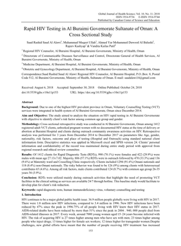 Rapid HIV Testing in Al Buraimi Governorate Sultanate of Oman: a Cross Sectional Study