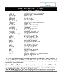 WESTPORT COMMUNITY SCHOOLS 2020-2021 School Year Calendar