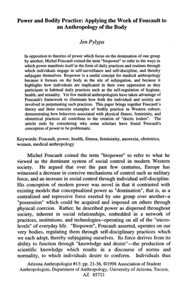 Power and Bodily Practice: Applying the Work of Foucault to an Anthropology of the Body