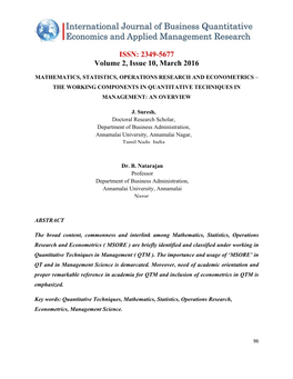 Mathematics, Statistics, Operations Research and Econometrics – the Working Components in Quantitative Techniques in Management: an Overview