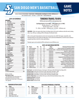 GAME NOTES Athletics Strategic Communications • Sports Center • 5998 Alcala Park • San Diego, CA • 92110 • Usdtoreros.Com Men’S Basketball Contact • Chris Kutz • C