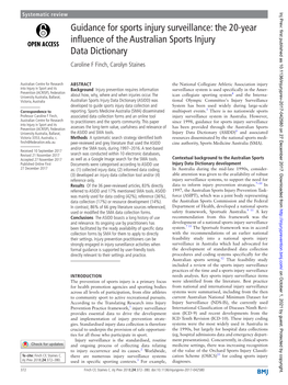 Guidance for Sports Injury Surveillance: the 20-Year Influence of the Australian Sports Injury Data Dictionary Caroline F Finch, Carolyn Staines