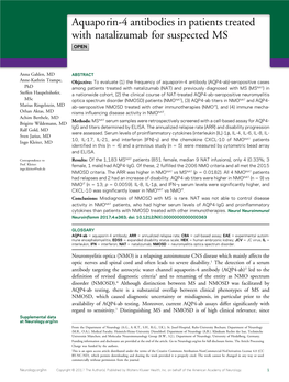 Aquaporin-4 Antibodies in Patients Treated with Natalizumab for Suspected MS