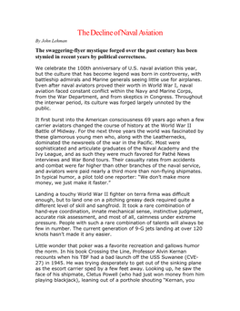 The Decline of Naval Aviation by John Lehman the Swaggering-Flyer Mystique Forged Over the Past Century Has Been Stymied in Recent Years by Political Correctness