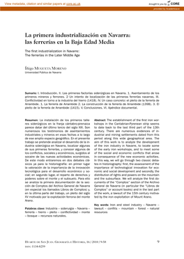 La Primera Industrialización En Navarra: Las Ferrerías En La Baja Edad Media