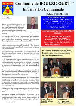 Commune De BOULZICOURT Page 1 Information Communale Bulletin N° 008 - Mars 2010