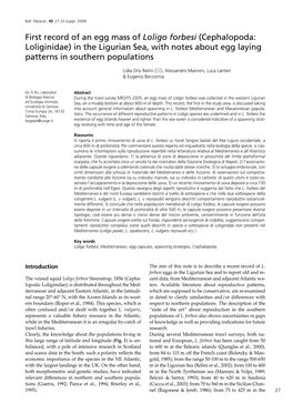 First Record of an Egg Mass of Loligo Forbesi (Cephalopoda: Loliginidae) in the Ligurian Sea, with Notes About Egg Laying Patterns in Southern Populations