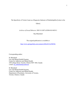 1 the Specificity of Victim Count As a Diagnostic Indicator of Pedohebephilia