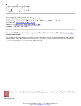 Electroacoustic Performance Practice Author(S): Karlheinz Stockhausen and Jerome Kohl Source: Perspectives of New Music, Vol