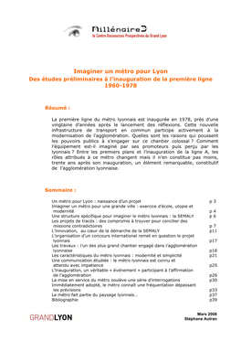 Imaginer Un Métro Pour Lyon Des Études Préliminaires À L’Inauguration De La Première Ligne 1960-1978