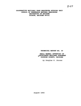 Small Mammal Inventory of Chiricahua National Monument Cochise County, Arizona