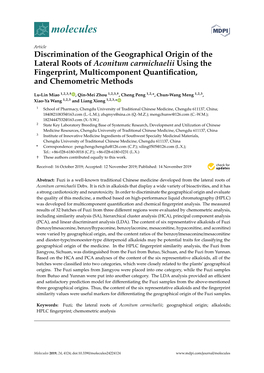 Discrimination of the Geographical Origin of the Lateral Roots of Aconitum Carmichaelii Using the Fingerprint, Multicomponent Quantiﬁcation, and Chemometric Methods