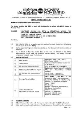 Quarter No. BX1/BX2, Oil India Township Narangi, P.O. Udyanvihar, Guwahati, Assam – 781171 LETTER INVITING BID (LIB) No.A415/MS-T04/LIB-01Date:03.12.2015