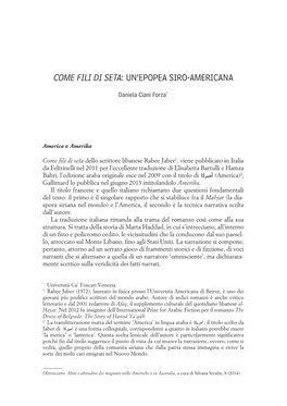 Come Fili Di Seta: Un'epopea Siro-Americana