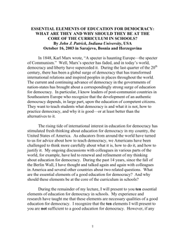 ESSENTIAL ELEMENTS of EDUCATION for DEMOCRACY: WHAT ARE THEY and WHY SHOULD THEY BE at the CORE of the CURRICULUM in SCHOOLS? by John J