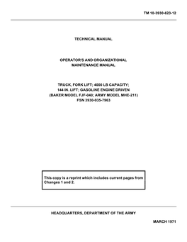 Tm 10-3930-623-12 Technical Manual Operator's and Organizational Maintenance Manual Truck, Fork Lift