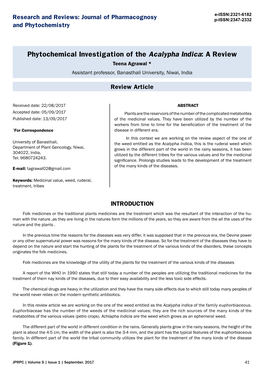 Phytochemical Investigation of the Acalypha Indica: a Review Teena Agrawal * Assistant Professor, Banasthali University, Niwai, India