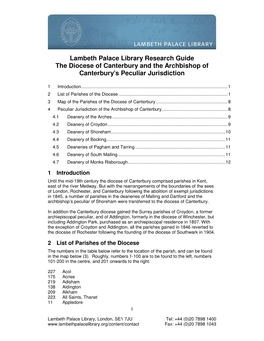 Lambeth Palace Library Research Guide the Diocese of Canterbury and the Archbishop of Canterbury's Peculiar Jurisdiction