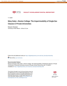 Mary Daily V. Boston College: the Impermissibility of Single-Sex Classes in Private Universities