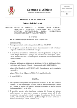 Comune Di Albiate Ordinanza Numero Provincia Di Monza E Della Brianza 19