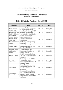 Journal of King Abdulaziz University: Islamic Economics [List Of