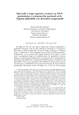 Quevedo Y Lope (Poesía Y Teatro) En 1609: Patriotismo Y Construcción Nacional En La España Defendida Y La Jerusalén Conquistada