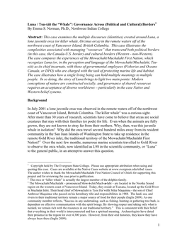 Luna / Tsu-Xiit the “Whale”: Governance Across (Political and Cultural) Borders1 by Emma S