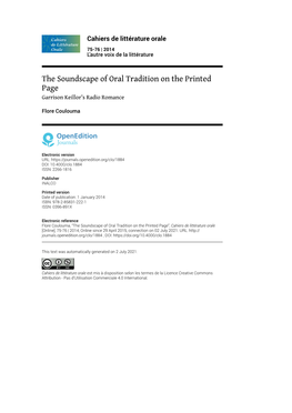 Cahiers De Littérature Orale, 75-76 | 2014 the Soundscape of Oral Tradition on the Printed Page 2