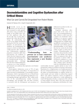 Dexmedetomidine and Cognitive Dysfunction After Critical Illness What Can (And Cannot) Be Extrapolated from Rodent Models